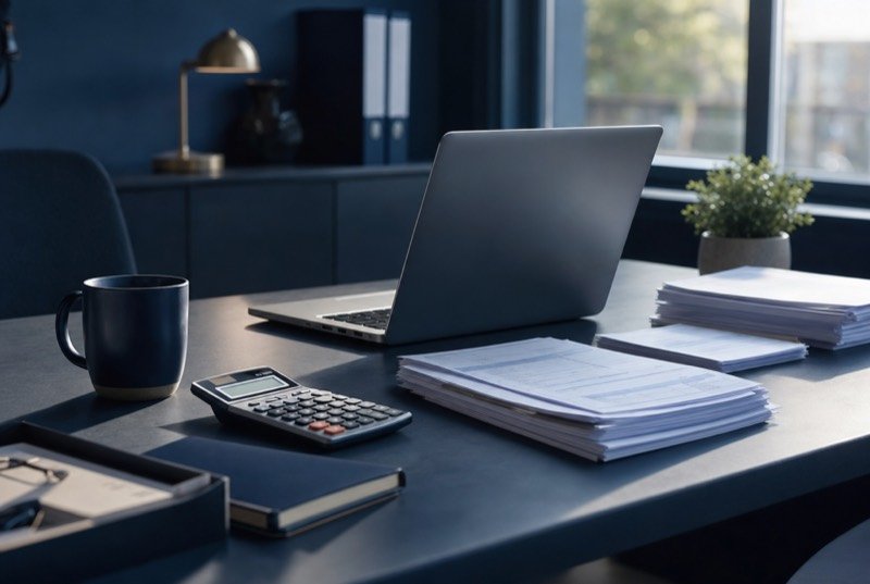 Laptop, calculator and a stack of binders arranged on an uncluttered office desk