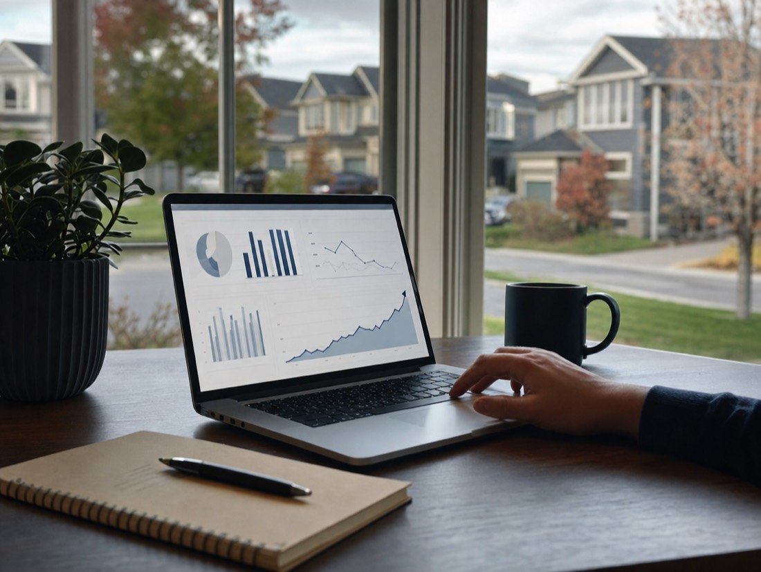Advertising performance charts on a laptop beside a window that looks onto a residential street