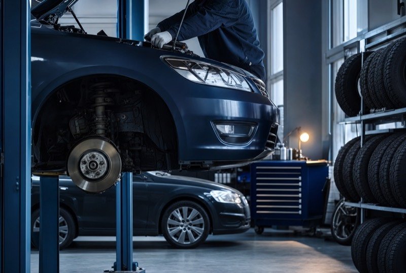 A raised car in a tidy service bay with tire racks on the wall, the kind of garage auto repair SEO serves