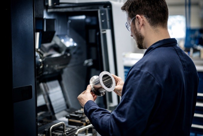 Machinist in safety glasses checking a newly milled steel part by a CNC mill, the kind of shop manufacturing SEO serves