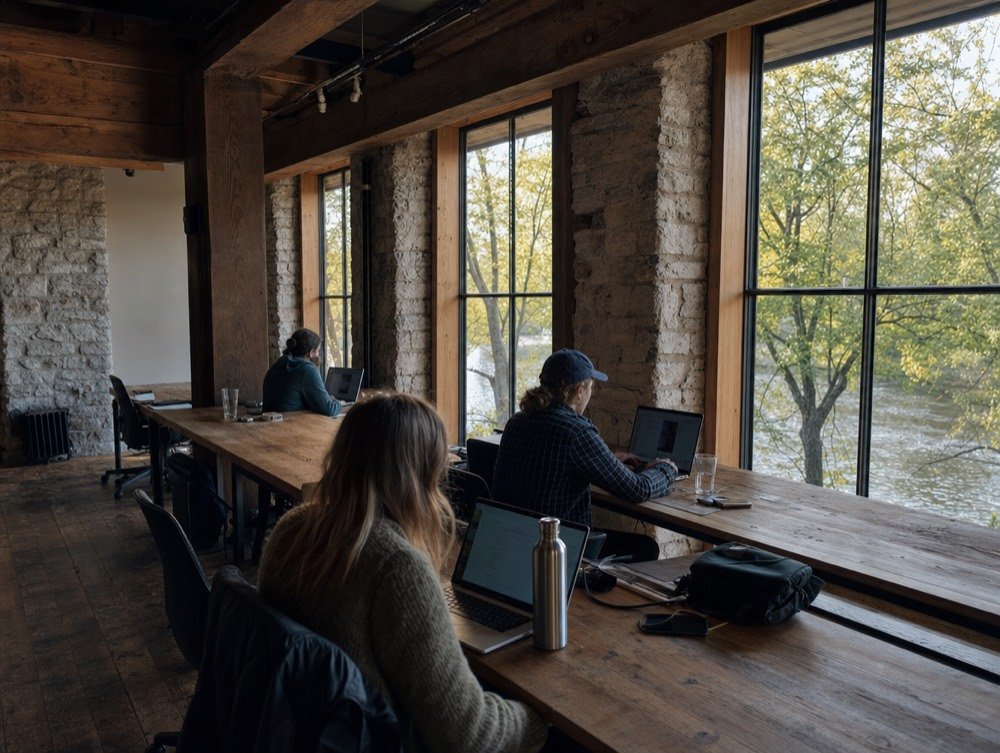 A small team working on laptops at a long wooden table in a converted mill with fieldstone walls and timber beams