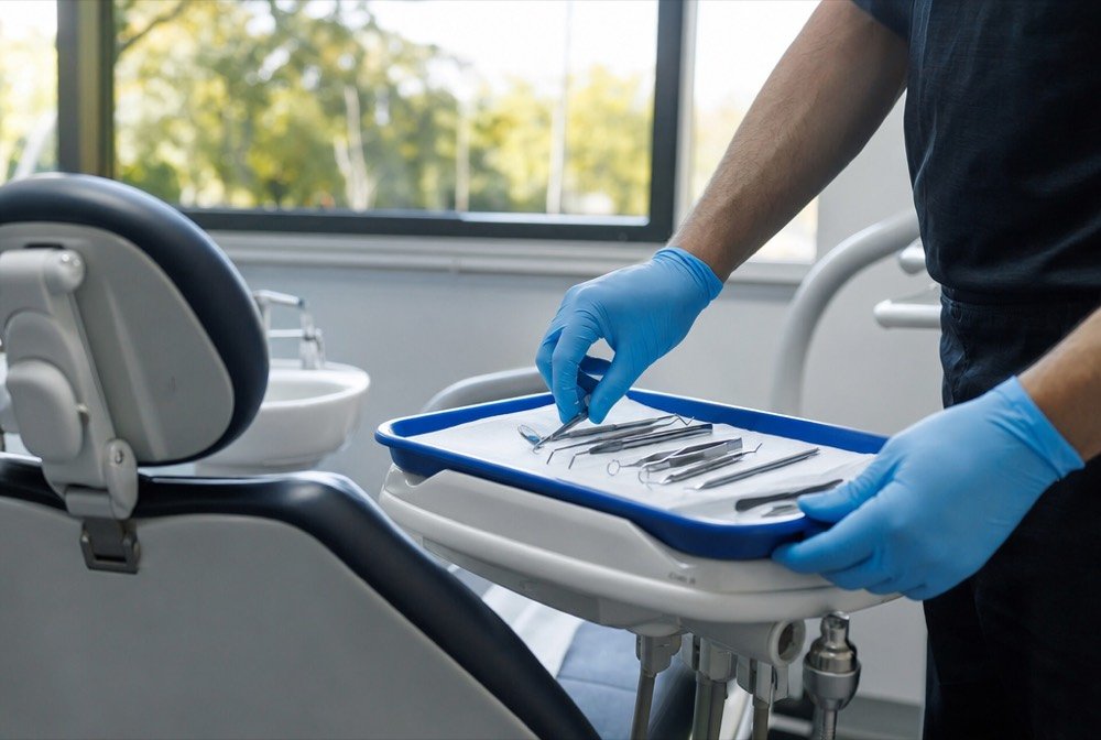 Gloved hands arranging dental tools on a tray beside an empty patient chair in a clinic