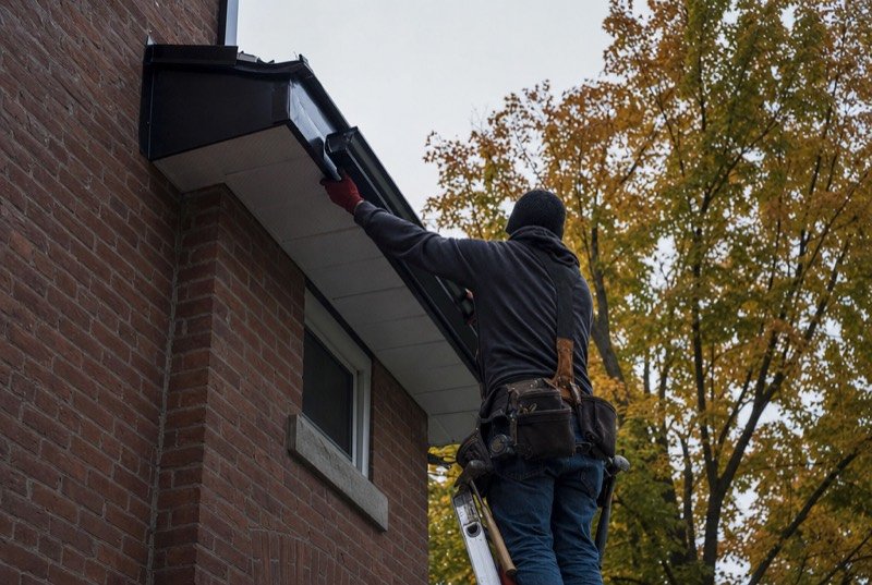 Looking up at a tradesperson on a ladder attaching new eavestrough to an older red-brick home, maples turning behind