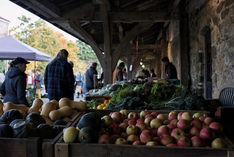 Crates of apples, squash and greens at a market stall beneath a timber roof