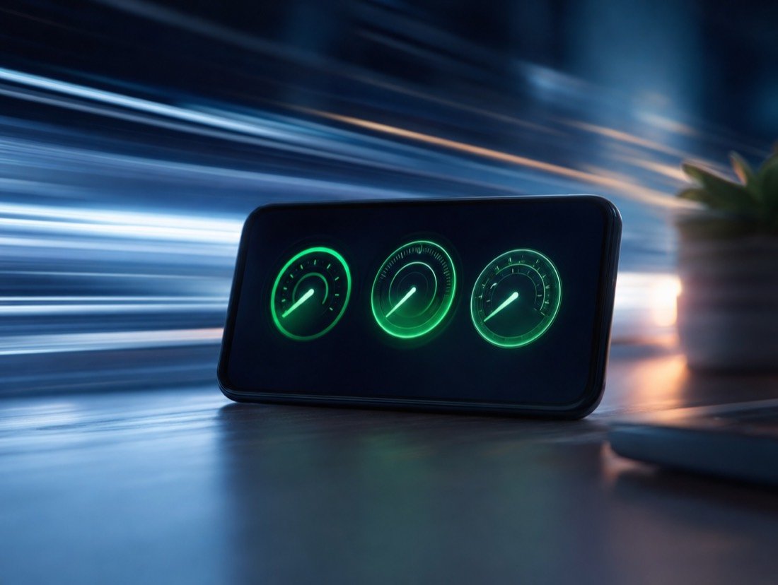 Three green dials on a phone screen, the background streaked with motion