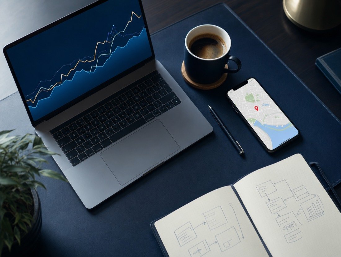 Work desk in dark tones with an open laptop displaying a rising graph, a phone map, a notebook and coffee