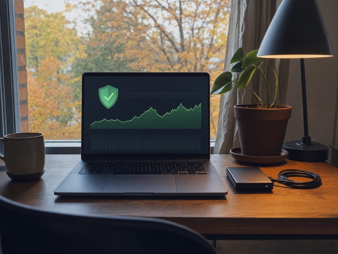 Laptop screen with a shield icon and a flat uptime chart, an external drive at its side