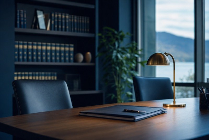 Wood desk, reading lamp and rows of bound law books in a hushed office, the kind of practice law firm SEO serves