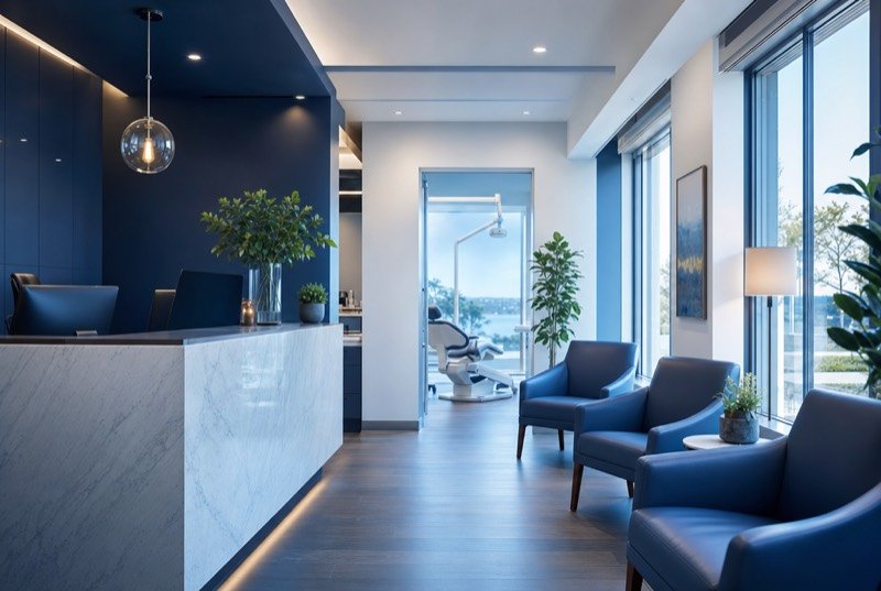Reception area of a modern dental office with blue seating, the kind of clinic dental SEO serves