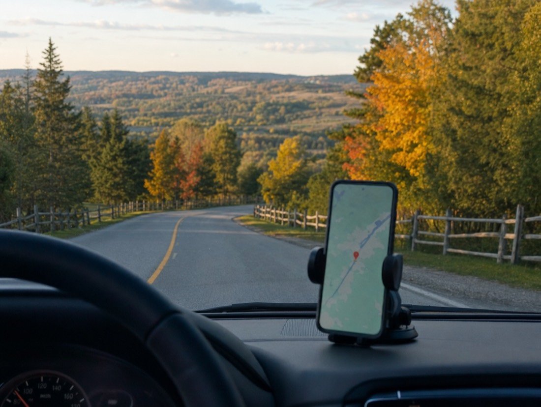 Dashboard phone navigation pointing to a red pin along a country road in fall colour