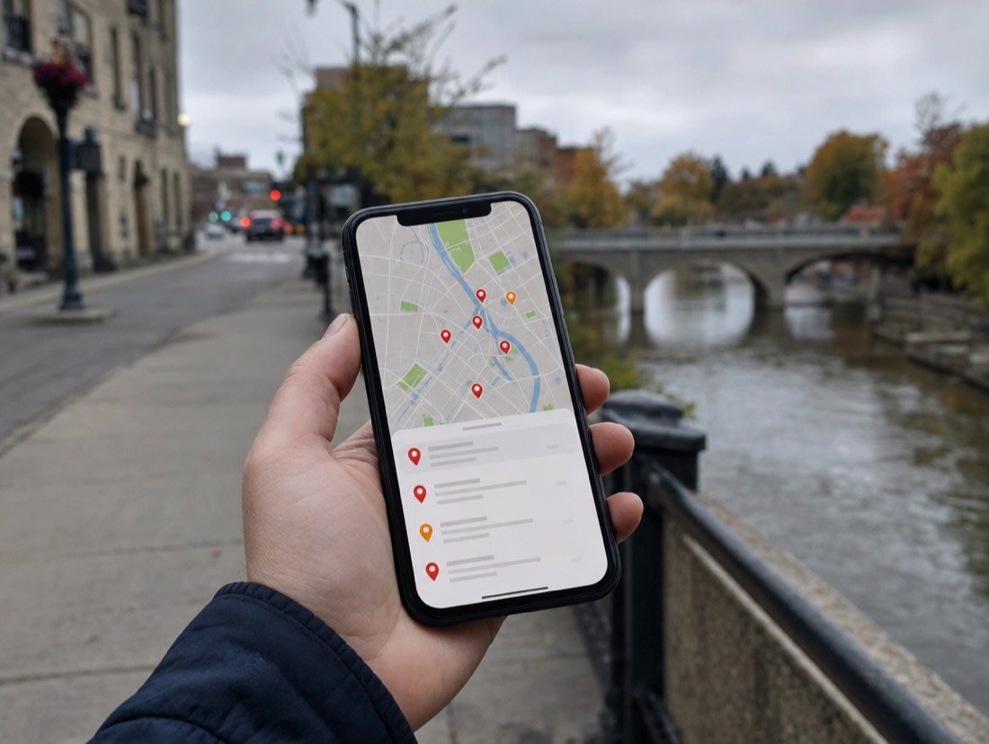 Close view of a phone map with several pins, an old stone streetscape out of focus behind it