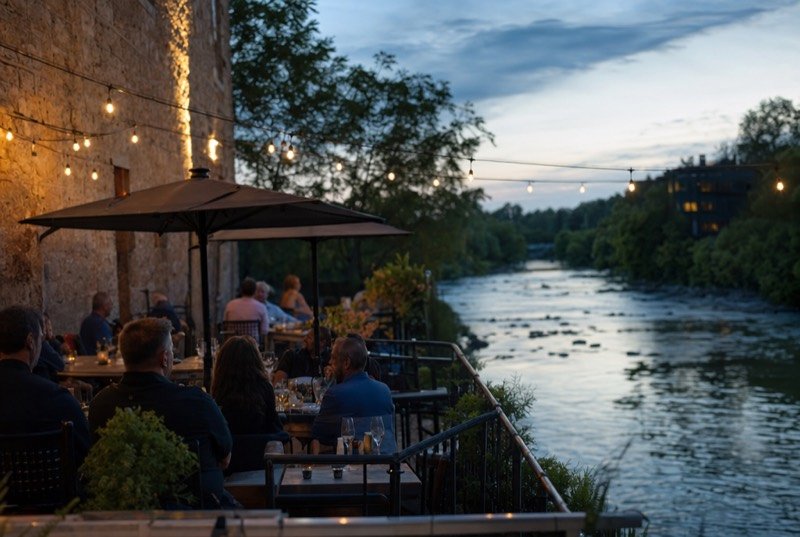 Evening patio with strung lights against an old limestone mill wall, a broad river past the railing