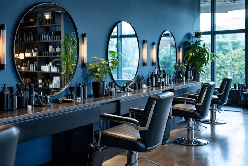 Styling chairs facing round mirrors against blue salon walls