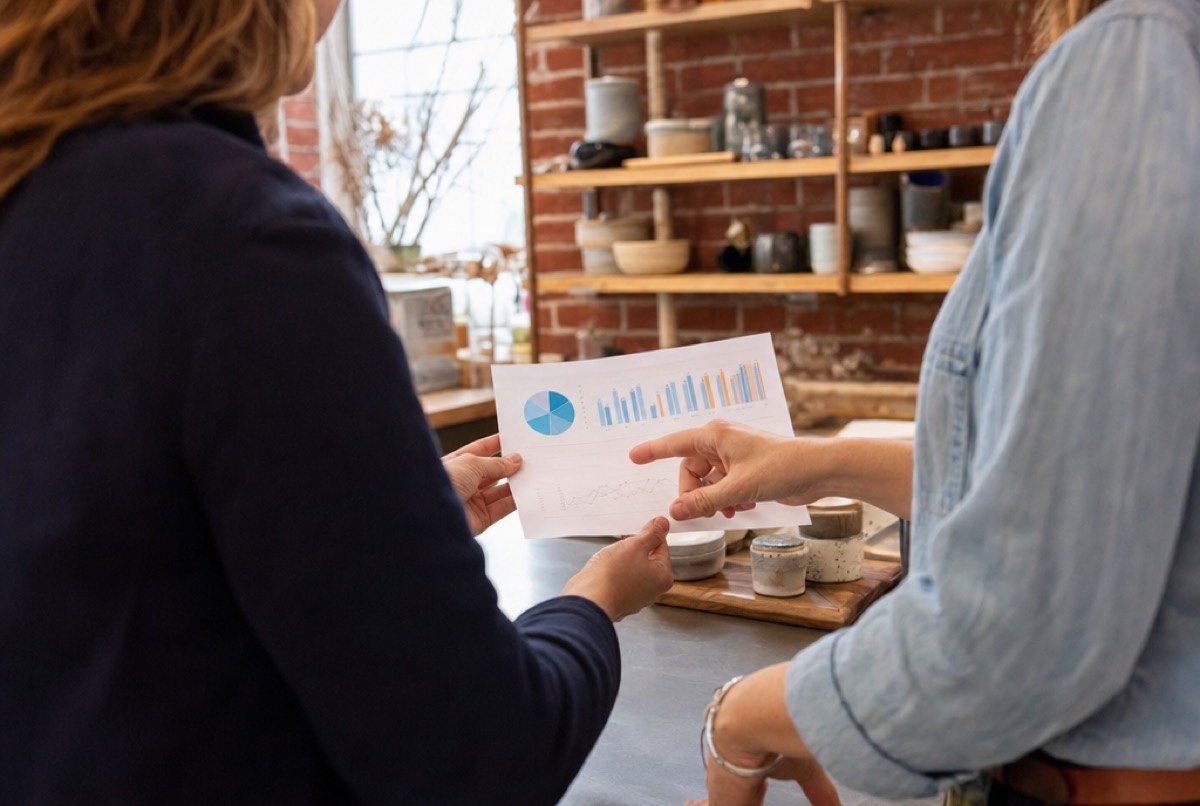Two people standing at a shop counter in a brick-walled store, reading a single printed page