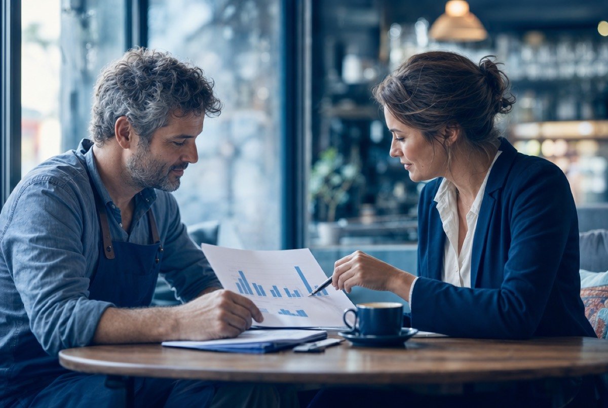 An owner and an agency adviser bent over a printed SEO report at a small café table, comparing notes
