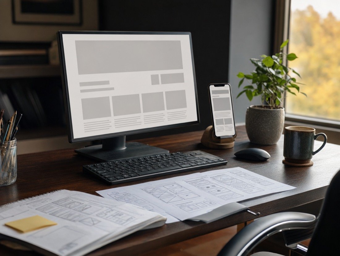 Grey-box page sketches on a large screen and a phone, with paper mock-ups spread across the desk